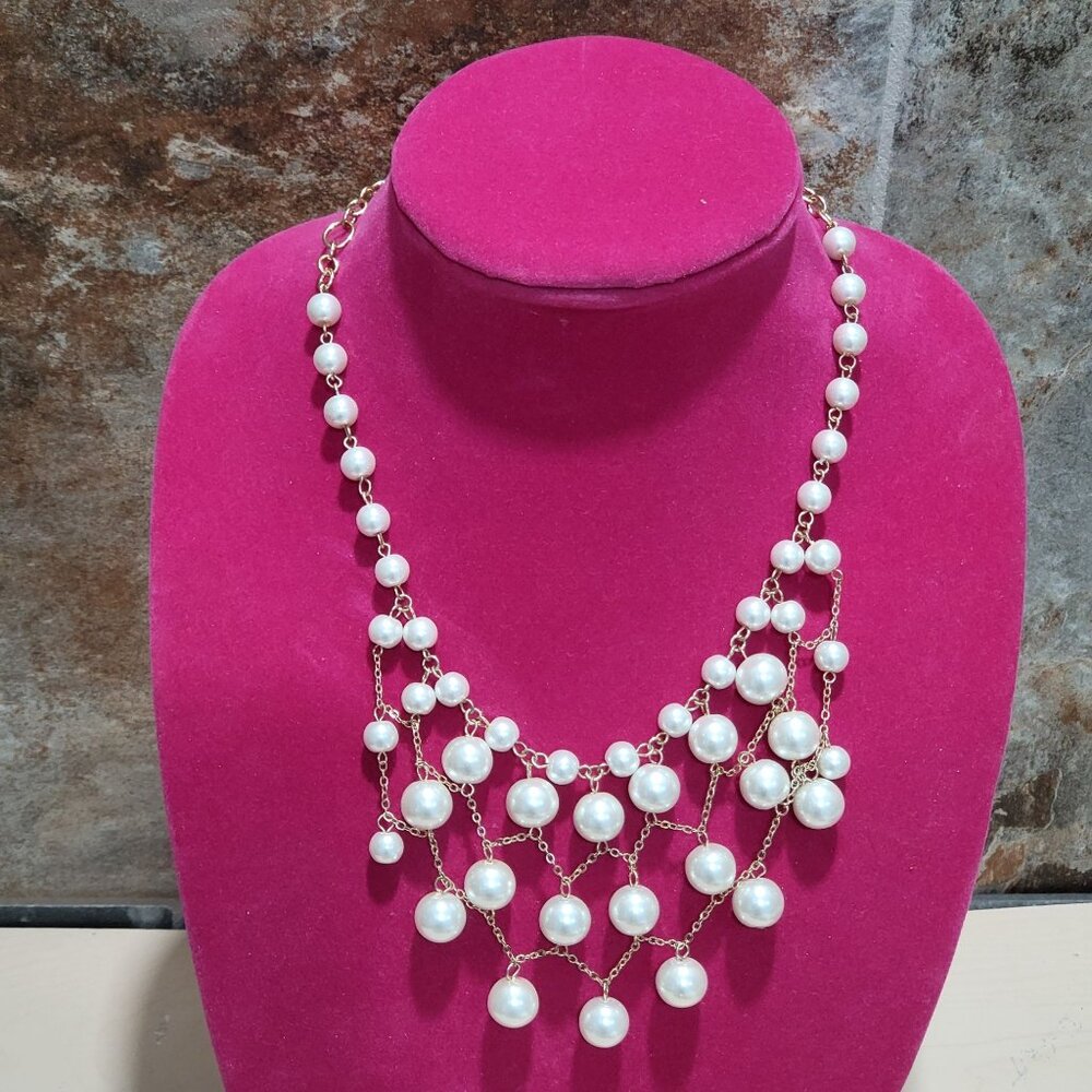 Multi Strand Pearl Gold Colored Chain Necklace Layered Bib Style